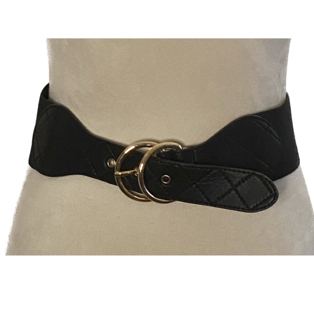 Black Faux Leather and Elastic Belt with Gold Hardware - 34 inches long